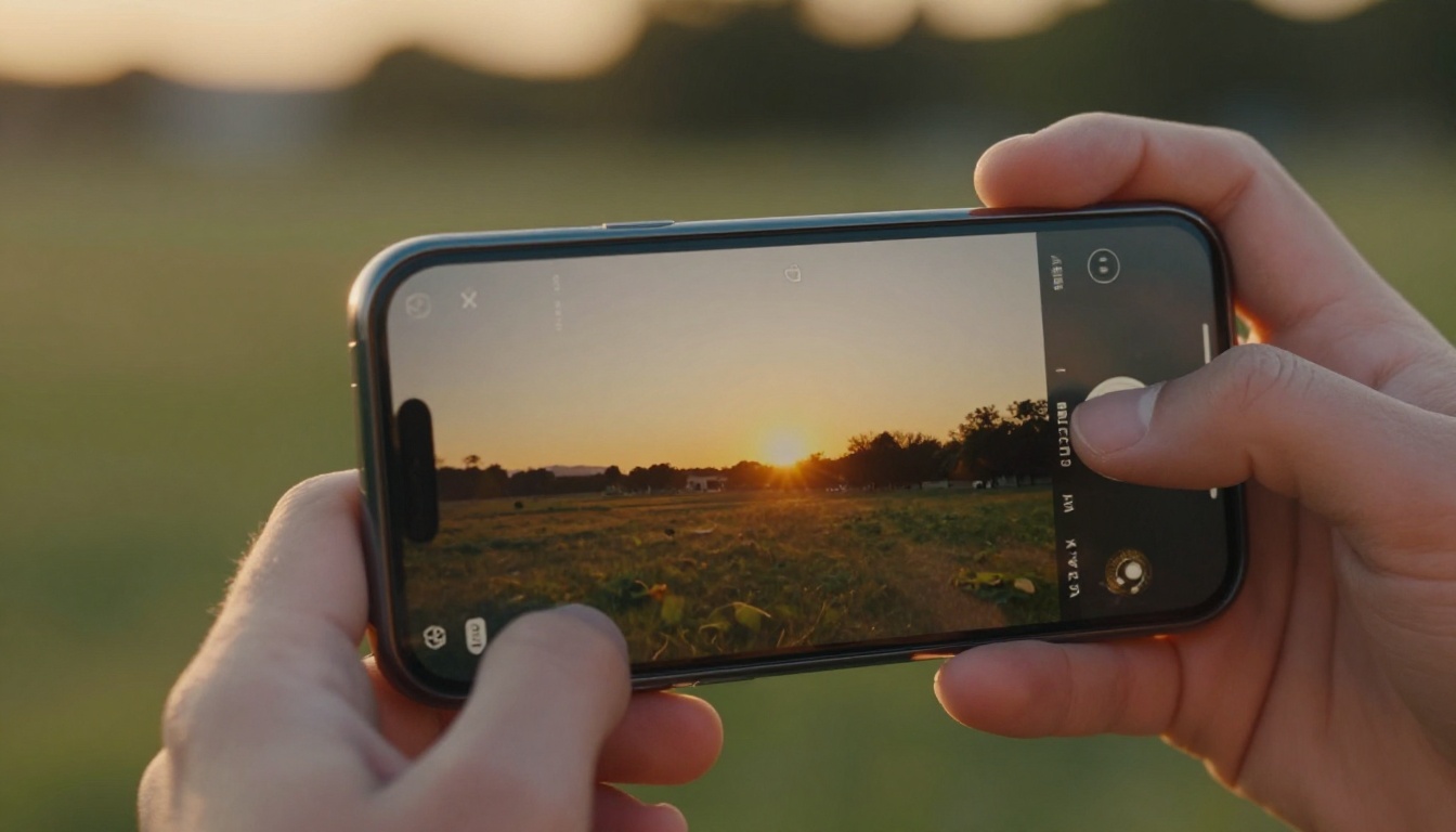 A smartphone displaying a looping golden hour sunset GIF on a social media feed, warm rim light on hand A smartphone displaying a looping golden hour sunset GIF on a social media feed, warm rim light on hand