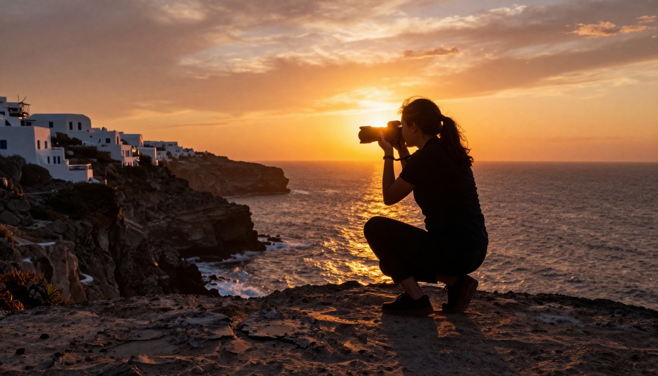 Travel photographer silhouetted against sunset on coastal cliffs in Greece