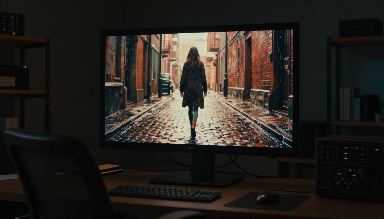 Dark film editing suite with a single large monitor displaying cinematic AI-generated scene