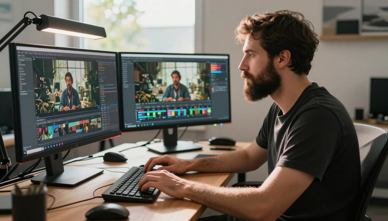 Bearded creative professional at three-monitor workstation generating multiple AI video scenes in studio
