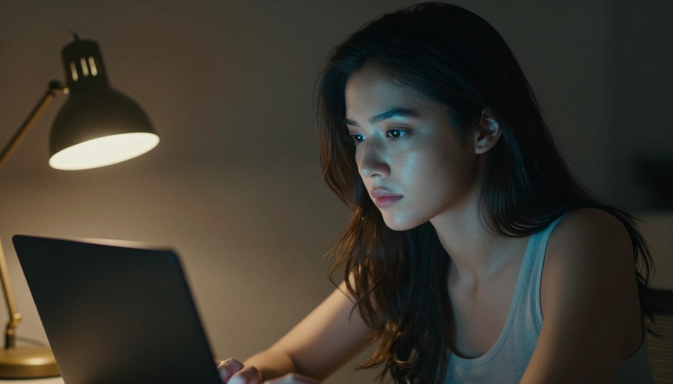 A woman with Rembrandt lighting focused on her laptop screen in a dimly lit creative workspace A woman with Rembrandt lighting focused on her laptop screen in a dimly lit creative workspace