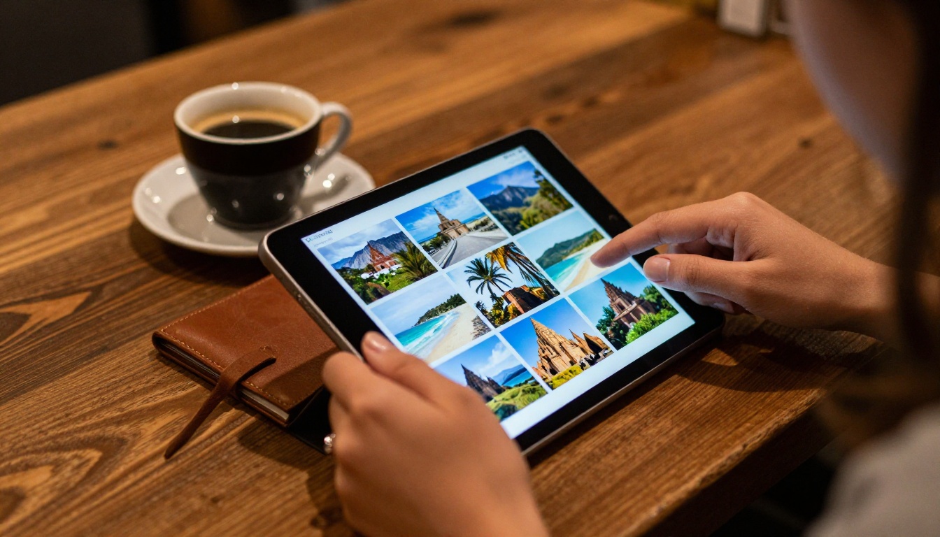 Woman's hands scrolling travel photo gallery on a tablet at a cafe table Woman's hands scrolling travel photo gallery on a tablet at a cafe table