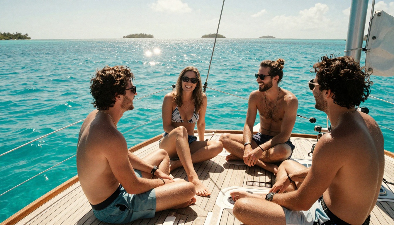 Group of friends laughing on a sailboat in crystal turquoise Caribbean waters Group of friends laughing on a sailboat in crystal turquoise Caribbean waters