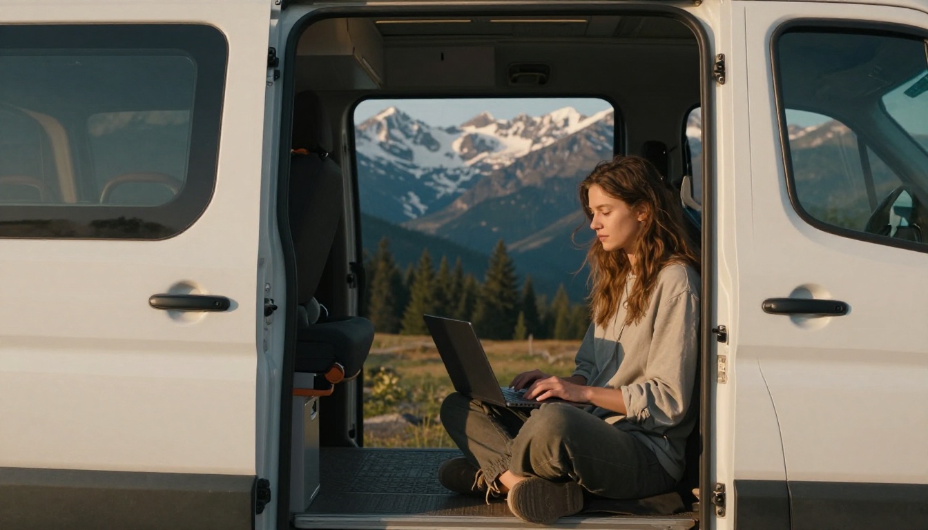 Young woman editing travel video on laptop in open camper van door with mountain backdrop