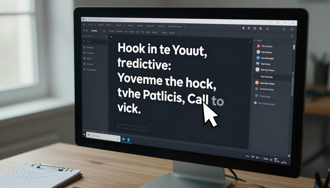 Monitor displaying AI-generated YouTube video script with structured sections