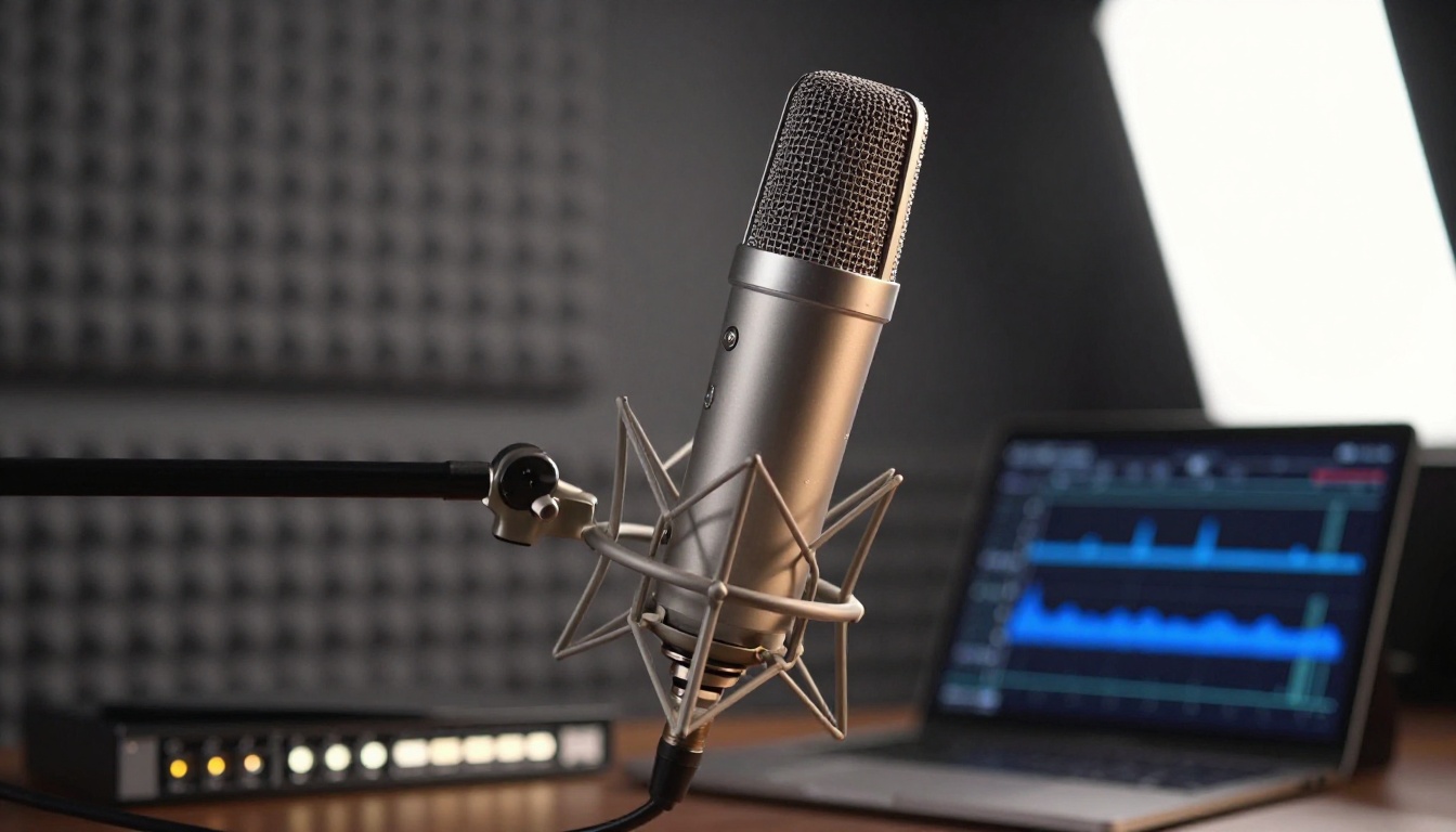Professional condenser microphone setup representing AI audio generation