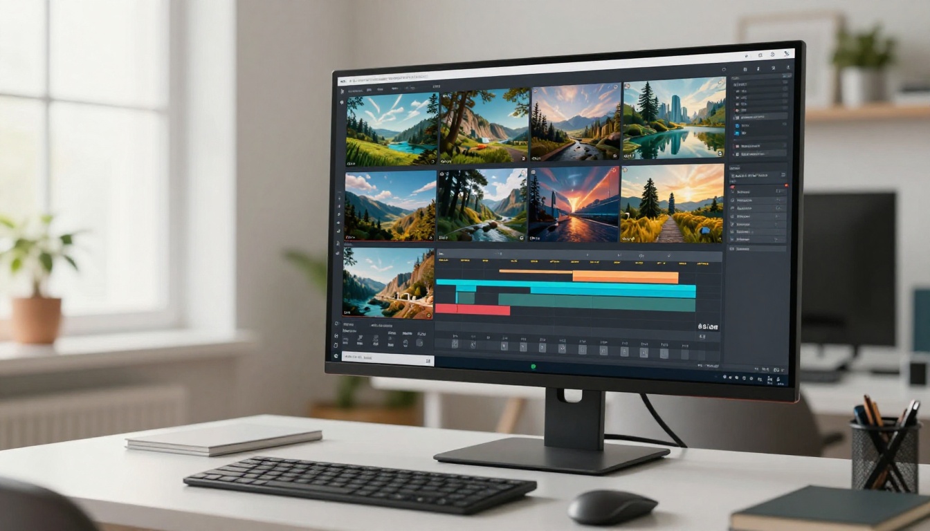 AI video generation timeline displayed on modern workspace monitor