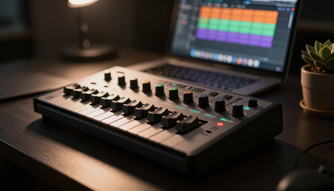 MIDI keyboard and audio production controller in cinematic studio lighting