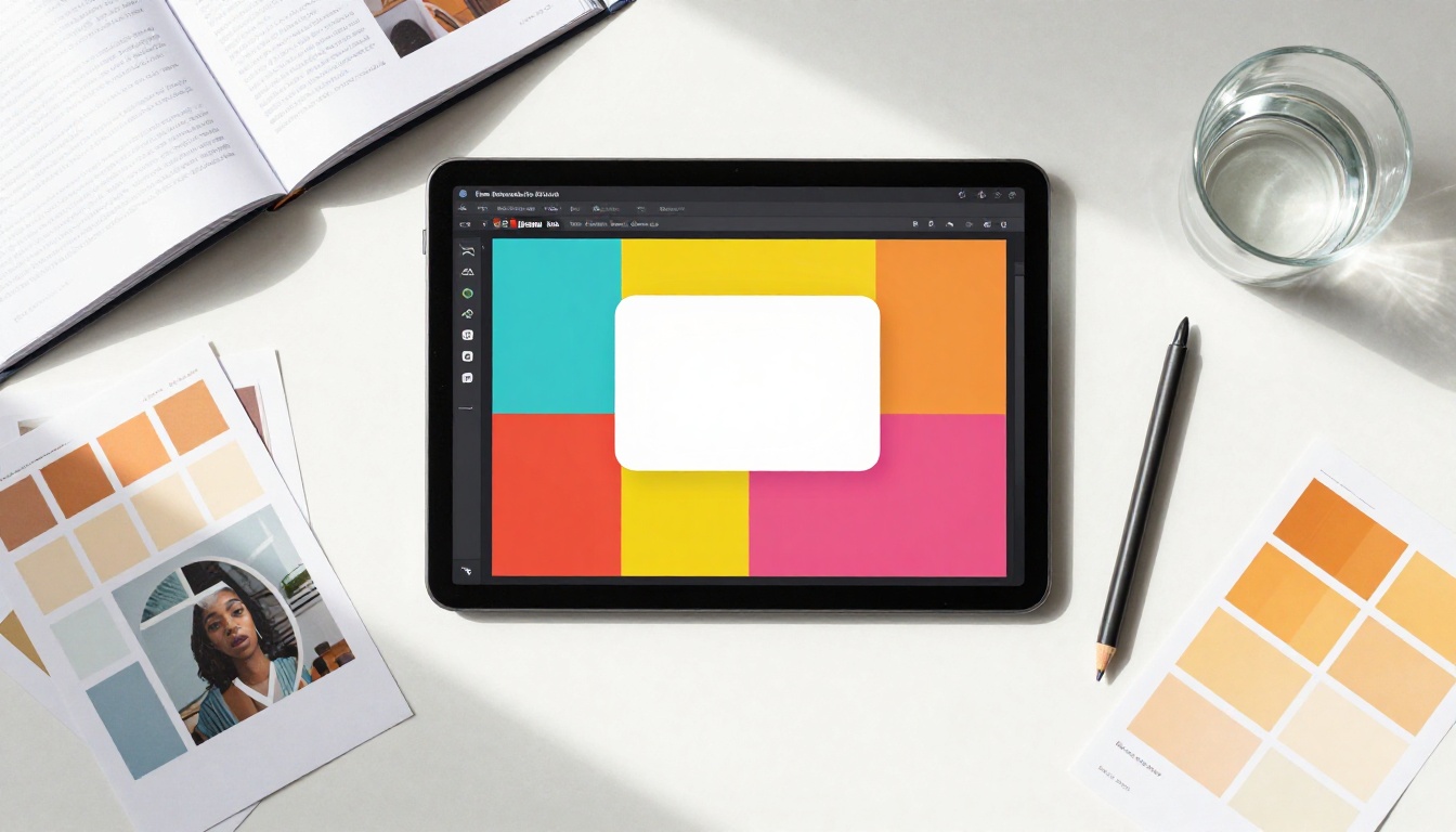 Overhead flat-lay of graphic design workspace with YouTube thumbnail on drawing tablet
