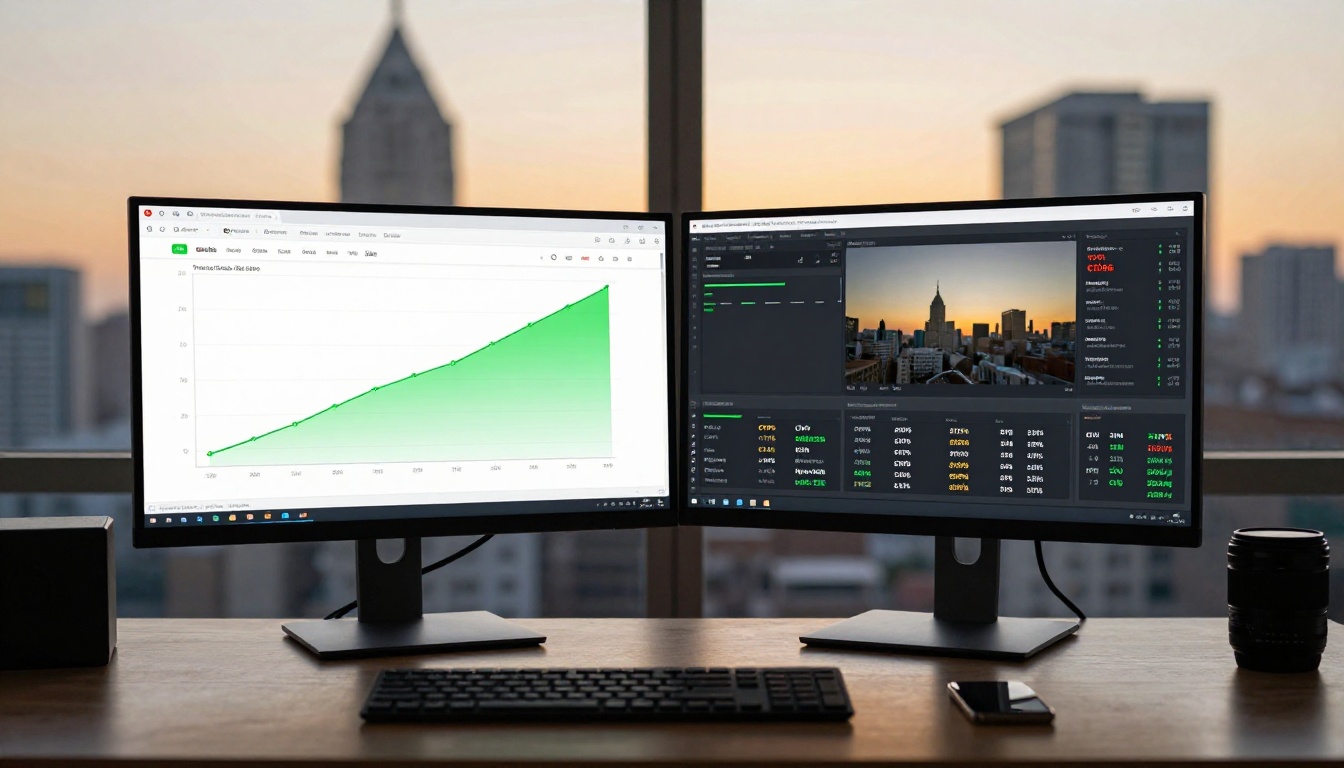Dual monitor setup showing YouTube analytics with subscriber growth curves
