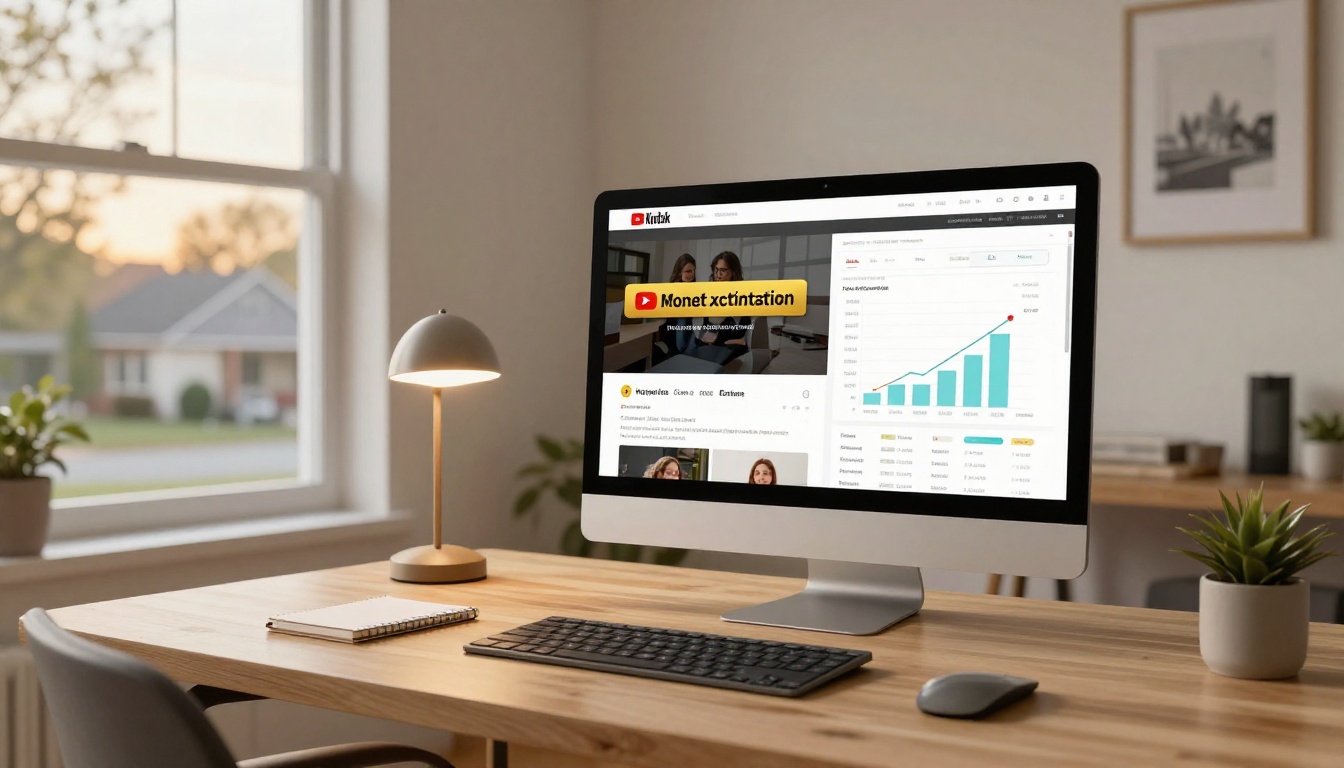 Modern home office workspace showing monetized YouTube channel dashboard