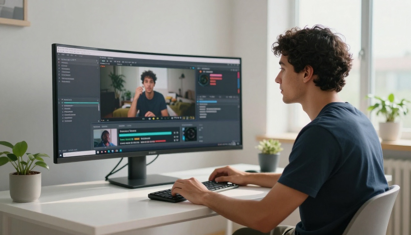 Content creator reviewing video with bilingual subtitles on ultrawide monitor