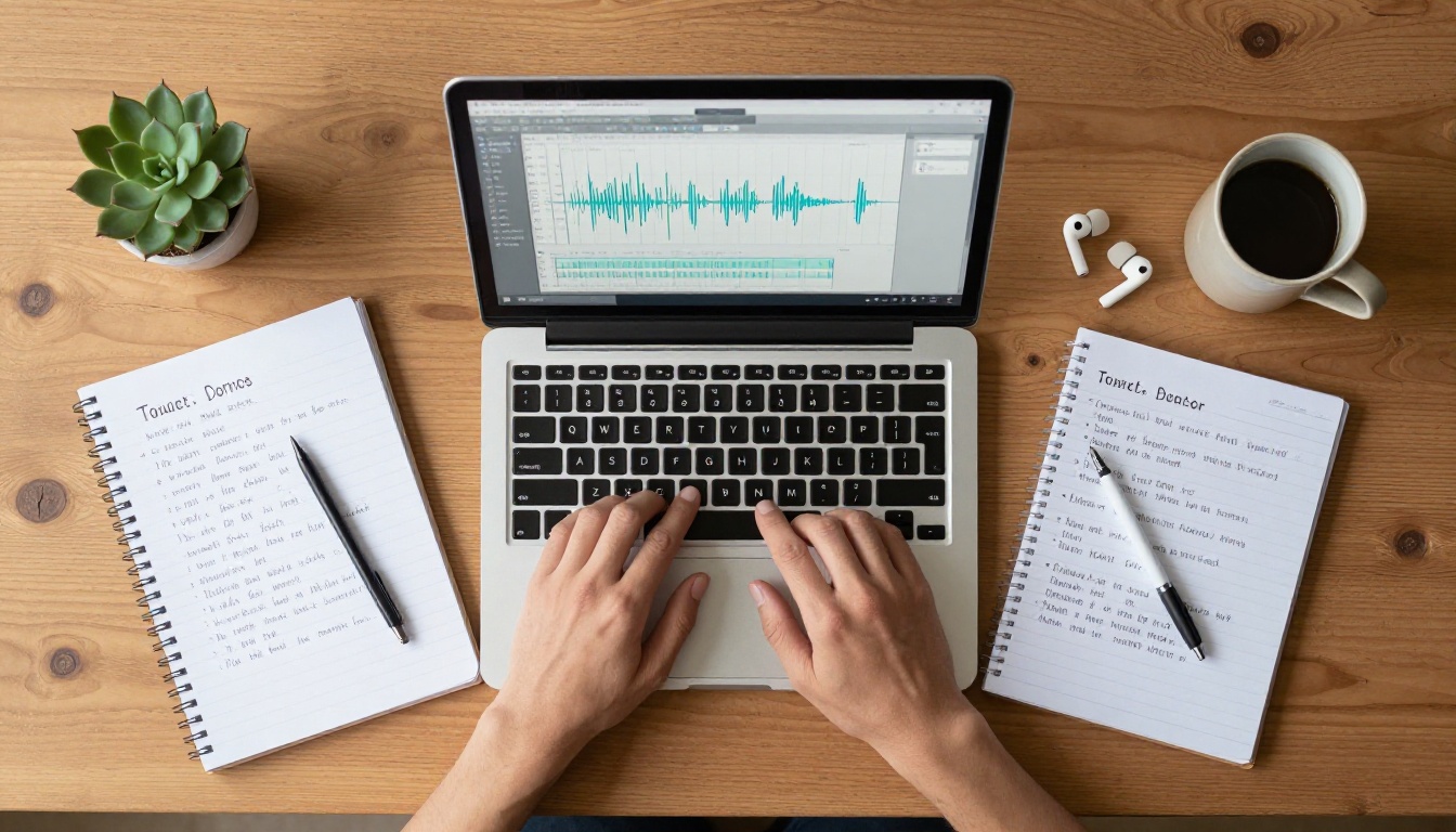 AI transcription workspace with notebooks in two languages and waveform on screen