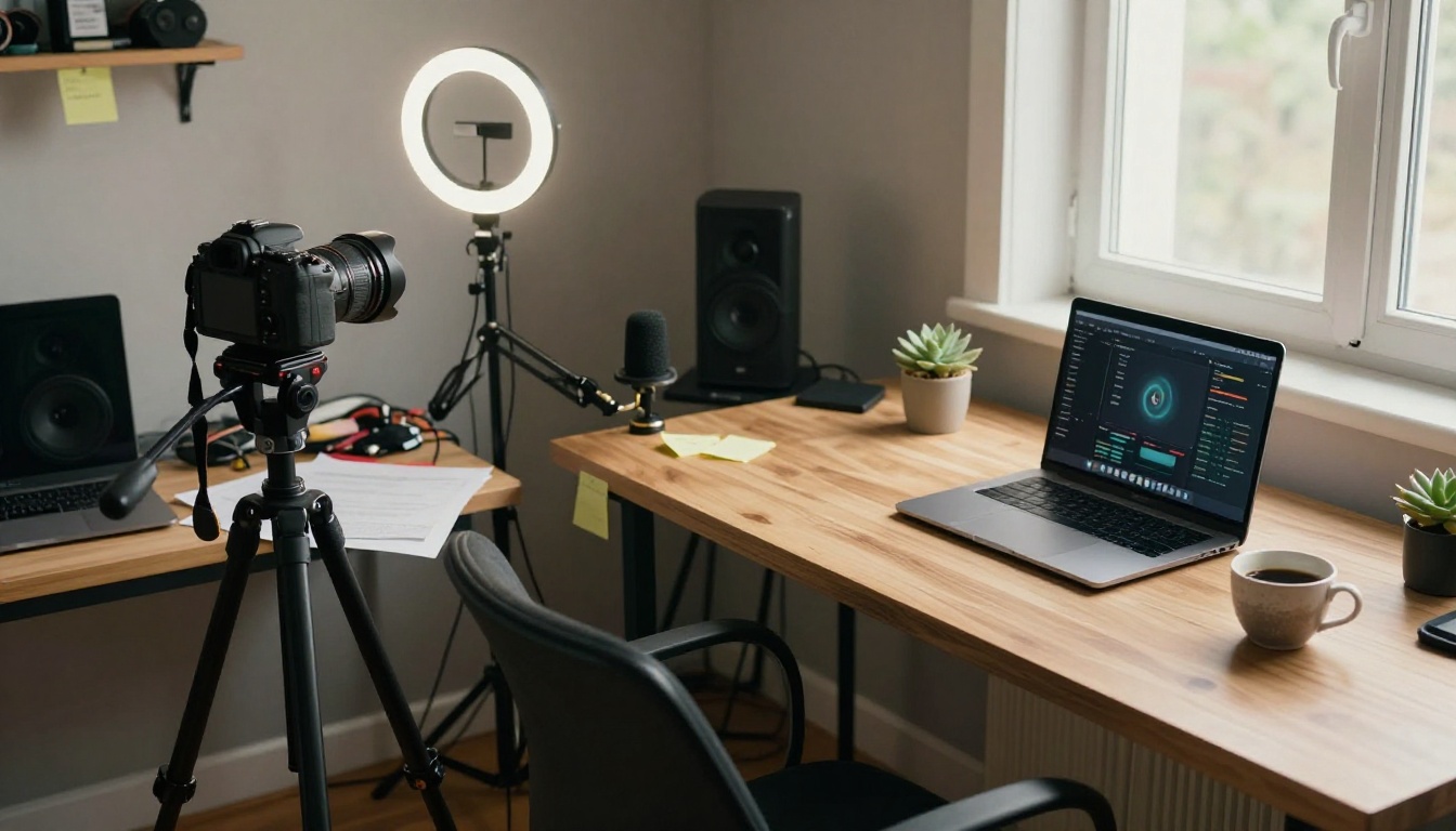 Traditional filming setup versus a clean AI-powered minimal desk workspace