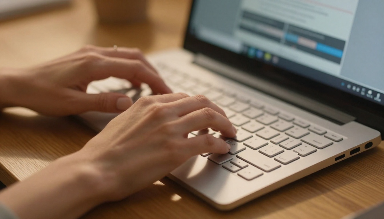 Hands typing subtitles on a silver mechanical keyboard with subtitle timeline visible in background