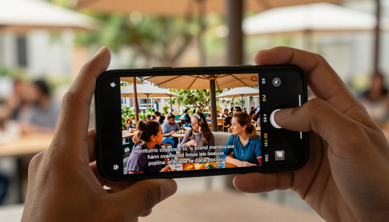 Smartphone held in hand showing a lifestyle video with bilingual subtitles in a cafe setting