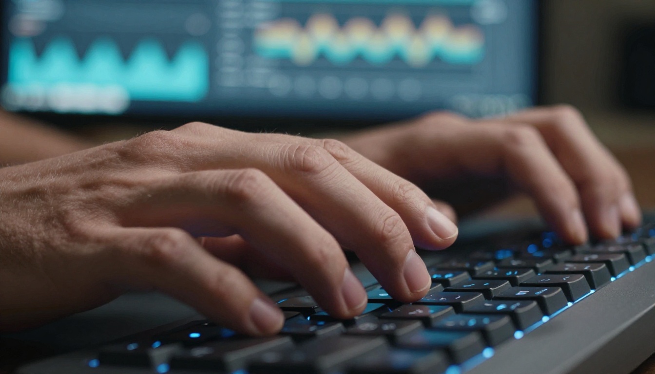 Extreme close-up of hands typing on a backlit mechanical keyboard while writing AI video prompts