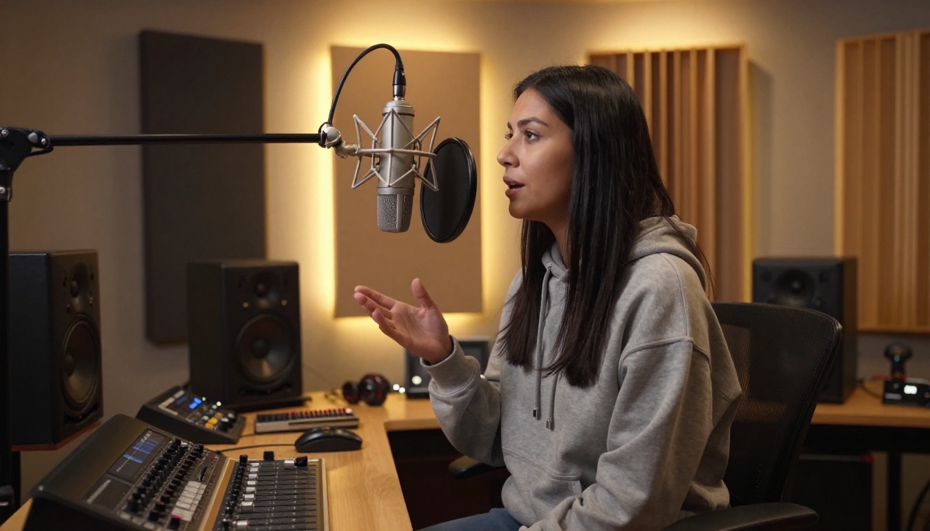 Woman speaking into a professional condenser microphone in a home recording studio