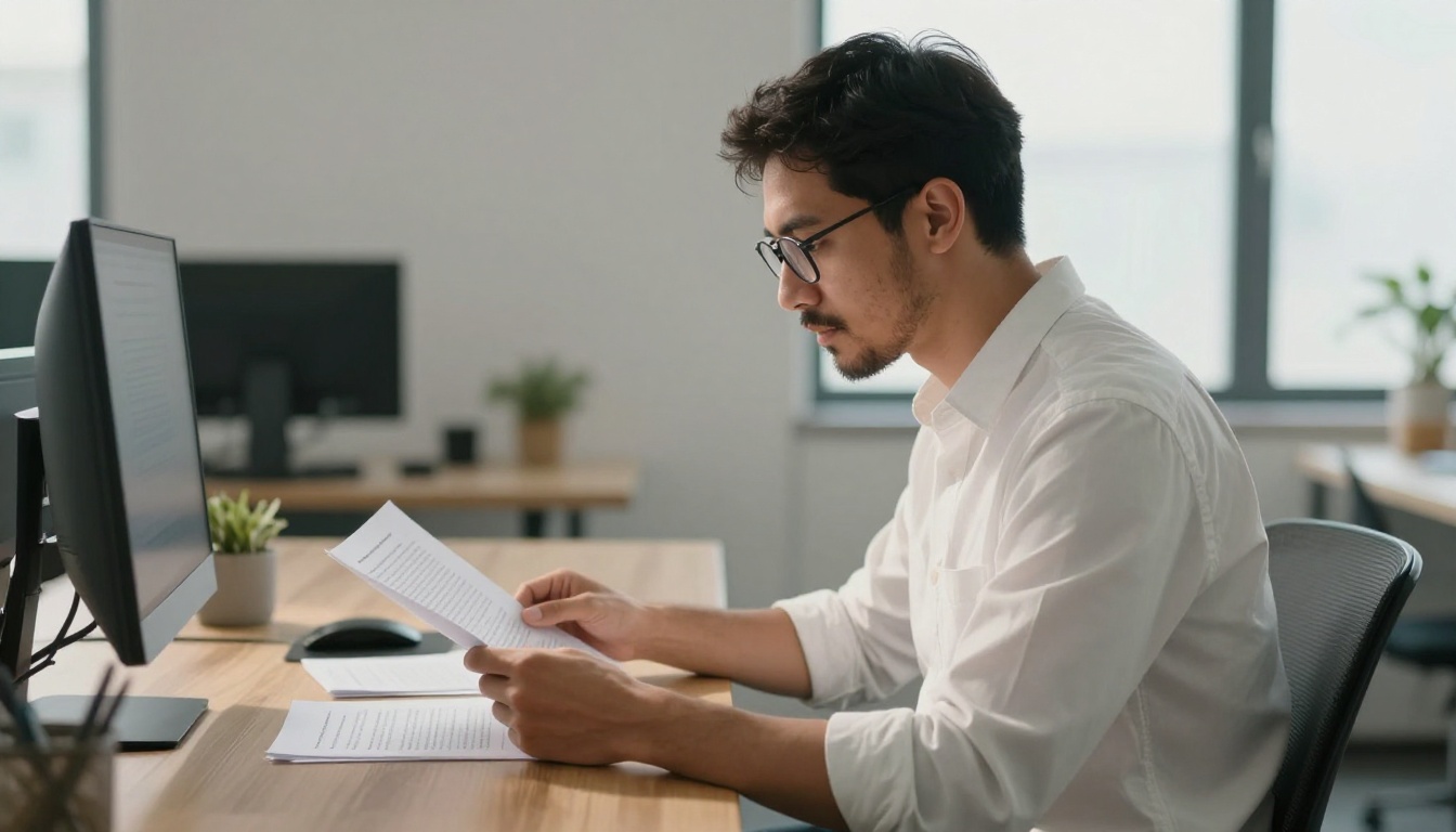 Man reviewing English and Spanish documents side by side at a minimalist desk