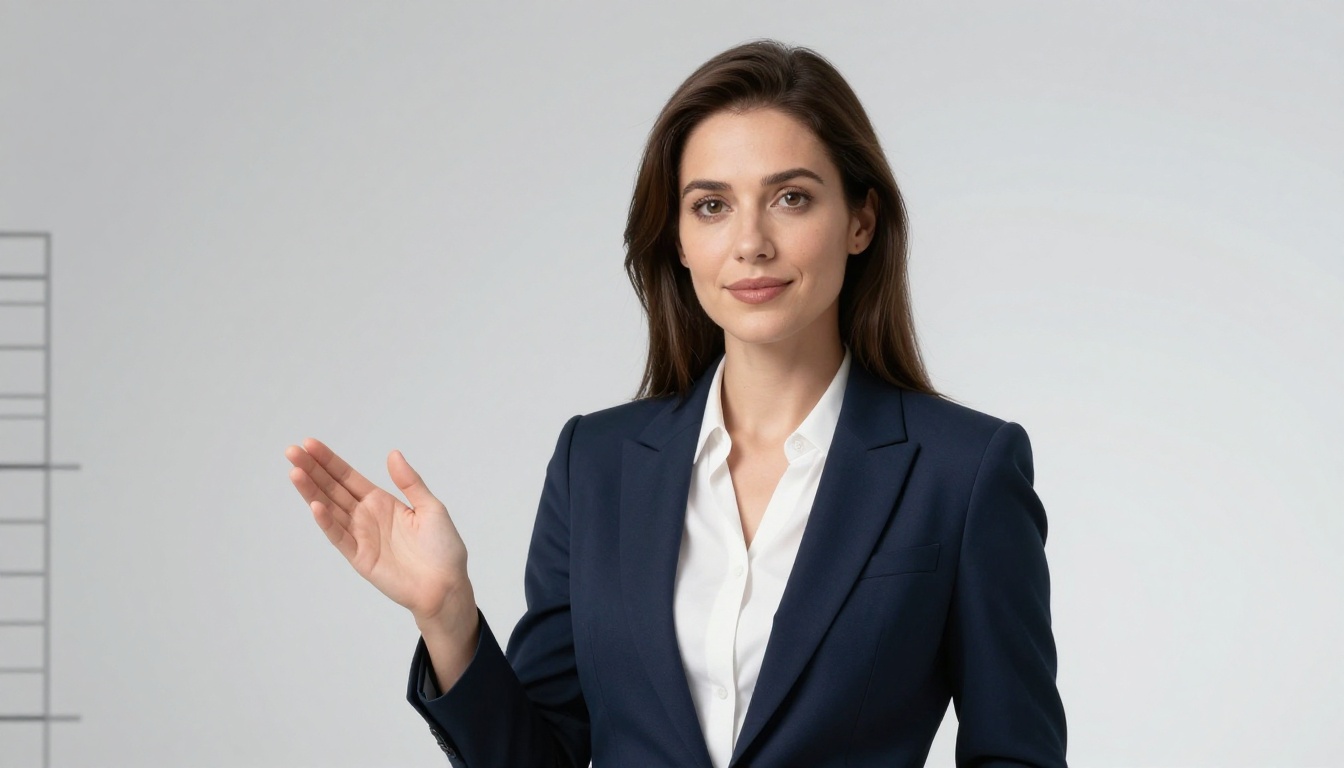 A professional AI avatar presenter delivering tutorial content in front of a clean virtual background