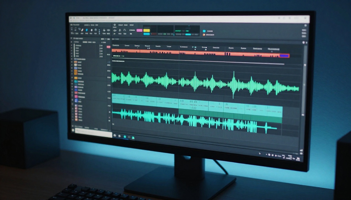 Close-up of an AI audio editing interface showing colorful waveform tracks