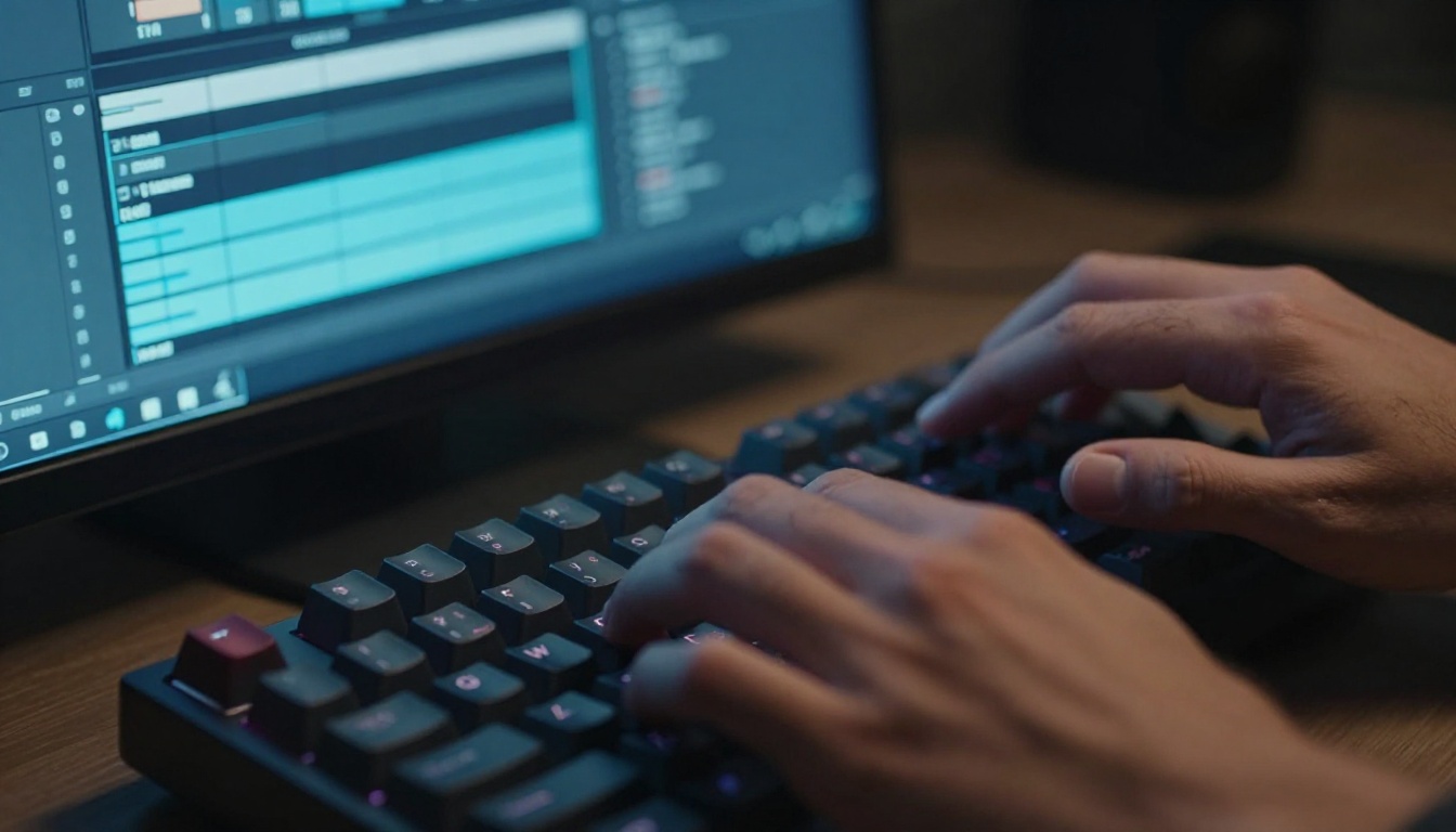 Content creator at professional studio desk with monitors