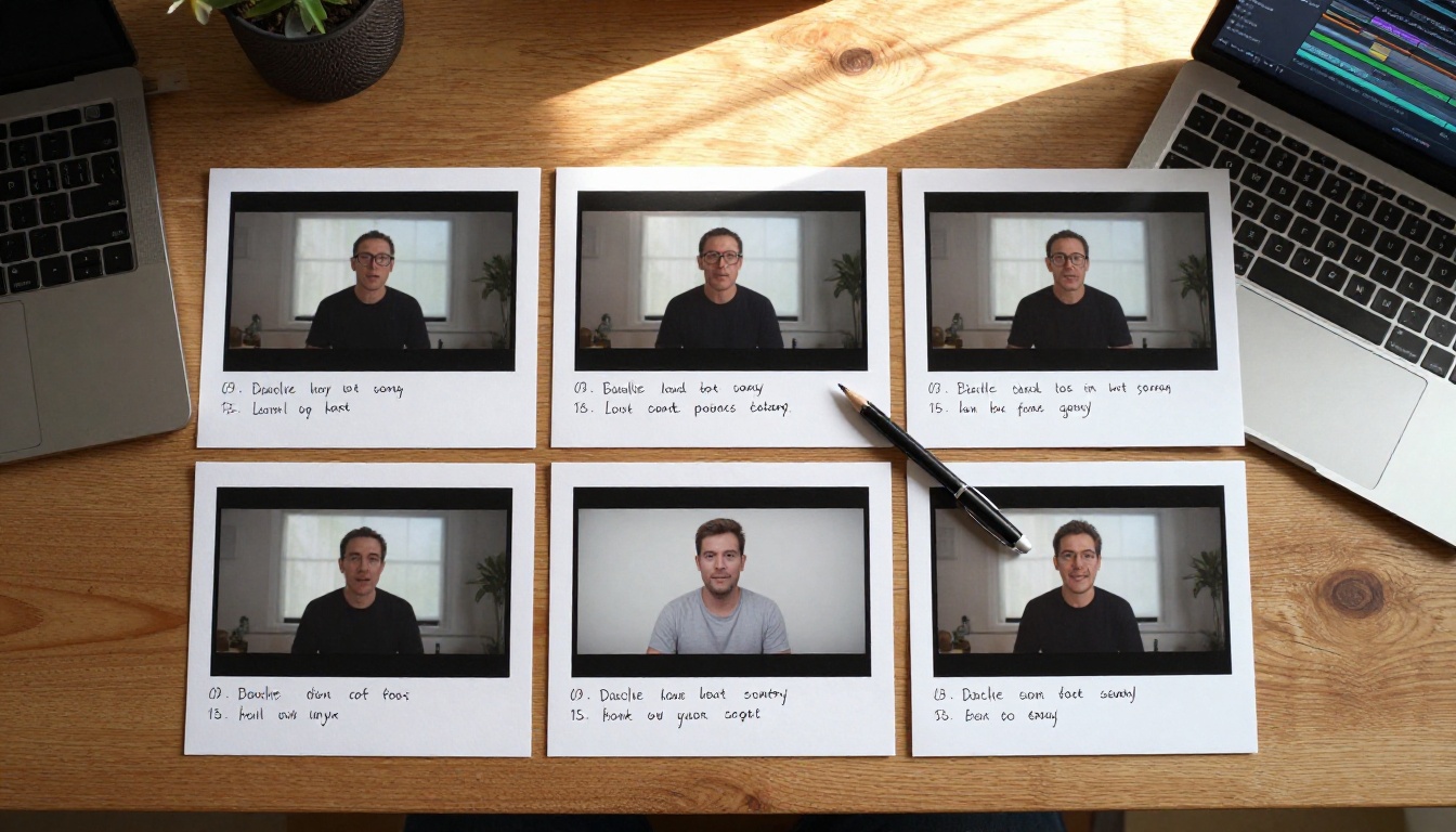 Storyboard frames laid flat on a desk with handwritten scene notes and a laptop showing a video timeline