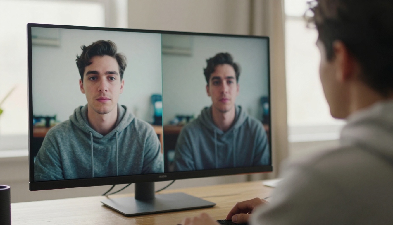 Over-shoulder view of split-screen reaction video