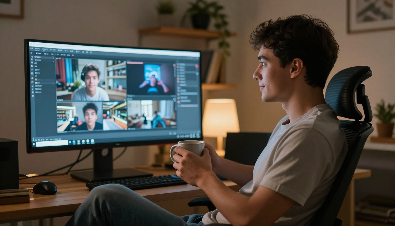 A man reviewing AI-generated video clips on a large curved ultrawide monitor in a warm home office