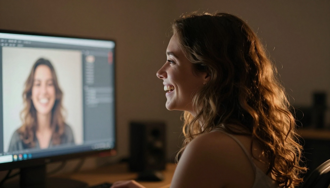 Woman laughing at reaction video content