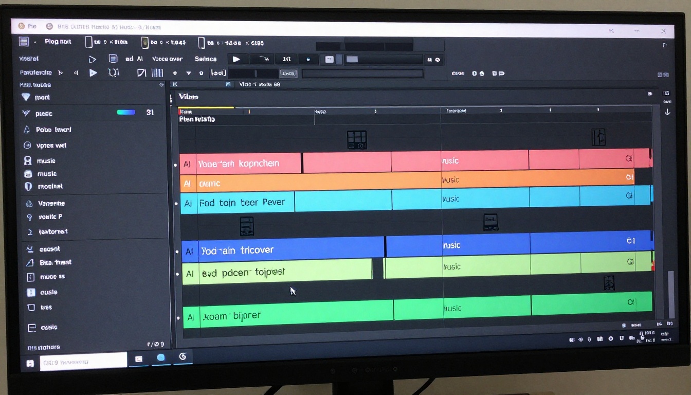 Close-up of a video editing timeline with multiple AI-generated clip segments in different colors