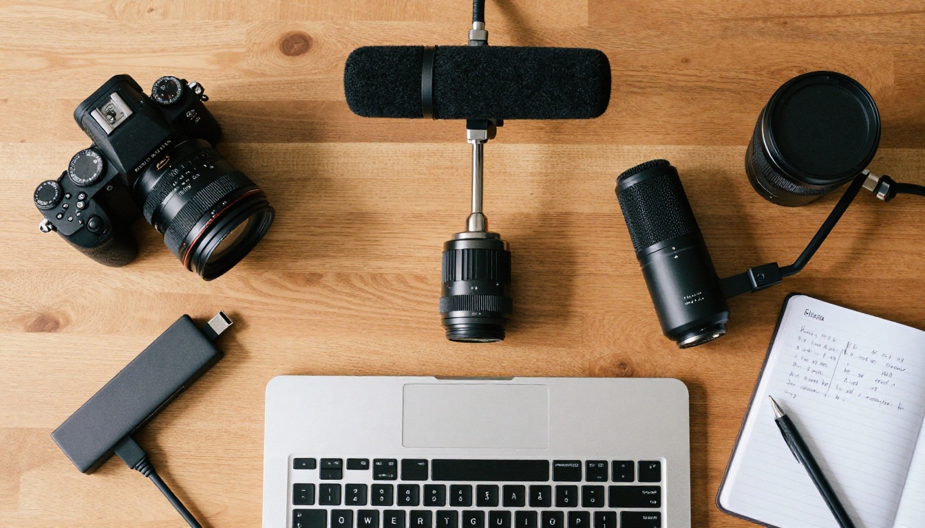 Desk setup flat lay for content creation