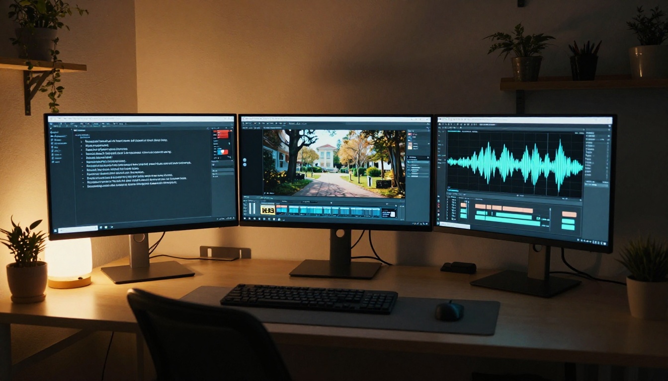 Three-monitor home office workspace at dusk showing different stages of an AI video production workflow