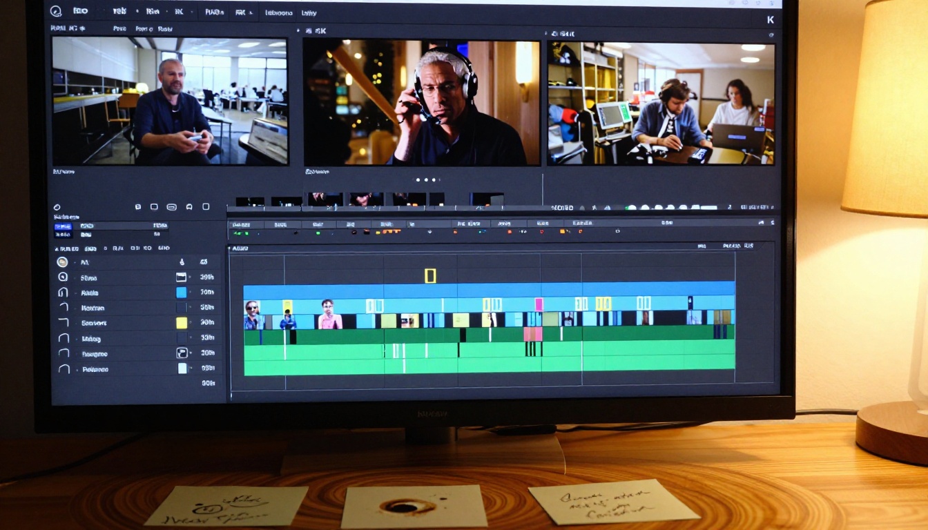 AI video editing timeline with multiple color-coded clips organized in tracks on a 4K monitor
