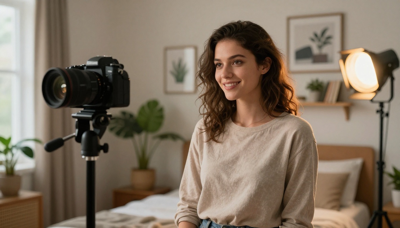 Female content creator filming herself in a professional home bedroom studio with three-point lighting