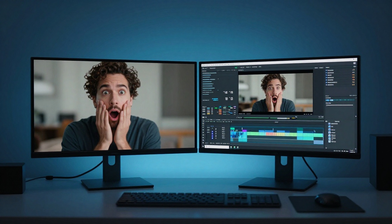 AI reaction video dual monitor setup