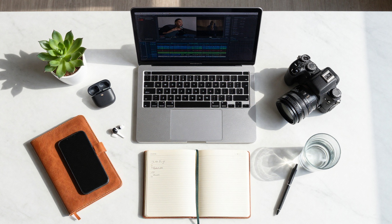 Aerial flat-lay view of a creator's desk showing a laptop, DSLR camera, notebook, smartphone, and plants on white marble