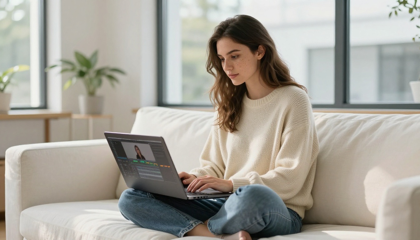 Content creator editing videos from a cozy Scandinavian apartment with natural daylight