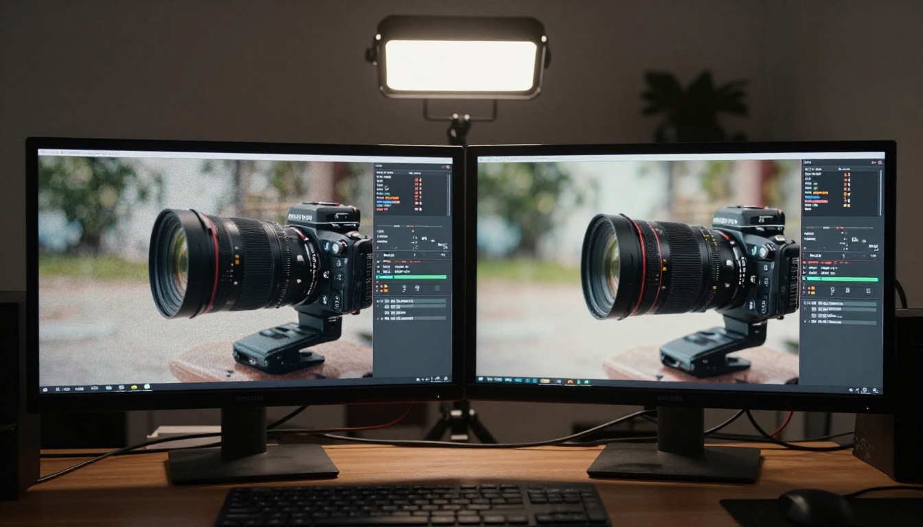 Side-by-side comparison showing blurry low-resolution footage vs crisp AI-upscaled 4K version on dual monitors