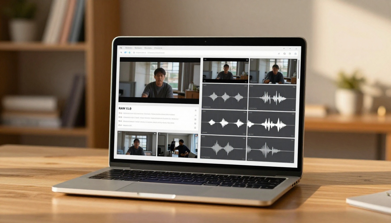 Close-up of a laptop screen showing an AI video splitting interface with a source clip and ten segmented outputs