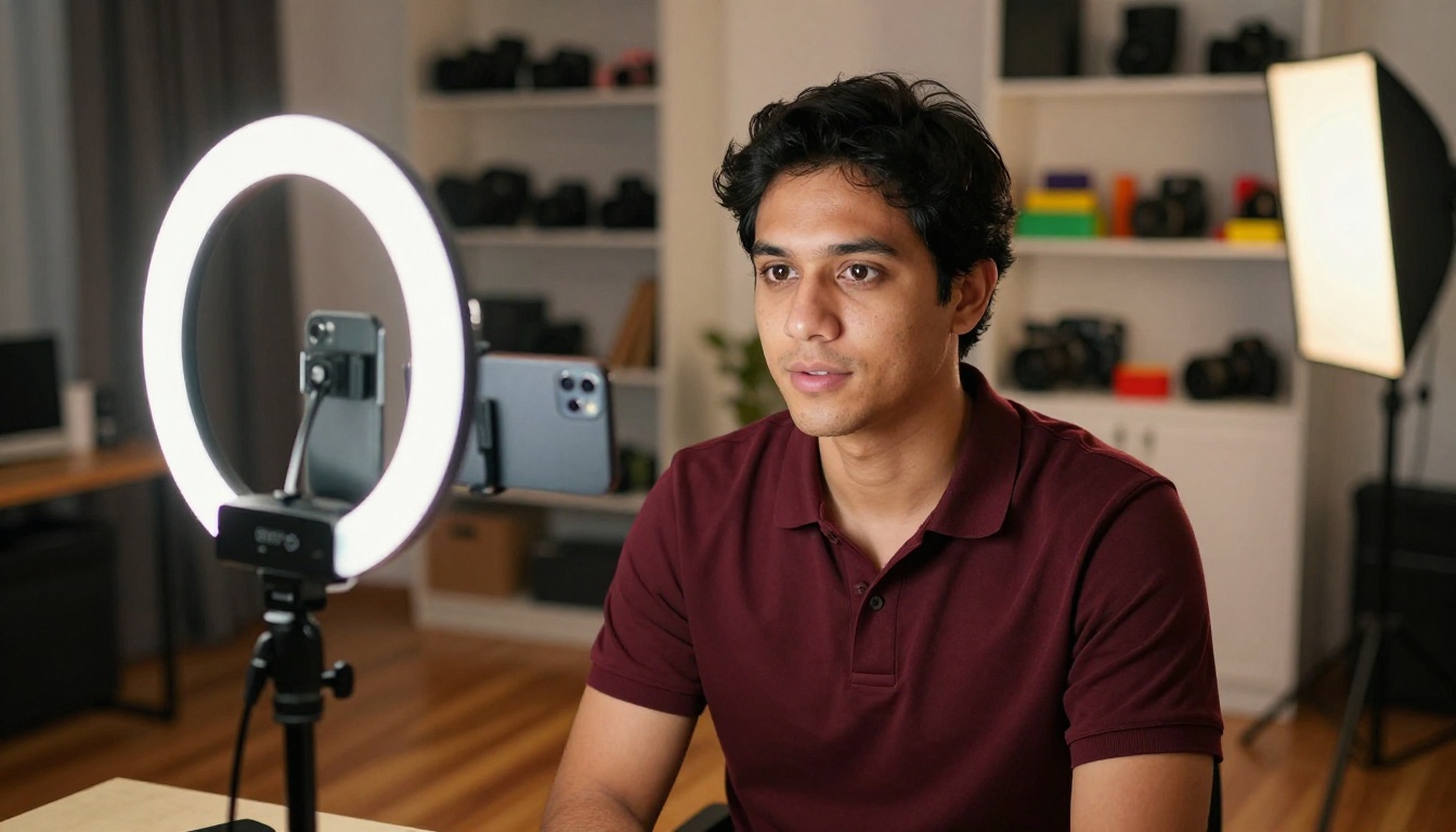 Male social media content creator filming in a home studio with ring light and camera gear