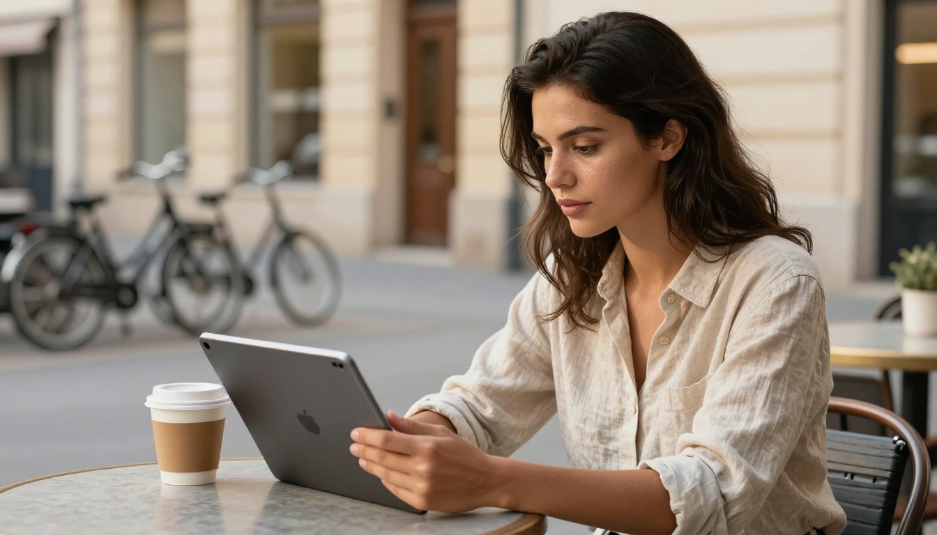 Stylish young woman content creator reviewing video clips on a tablet at an outdoor European cafe terrace