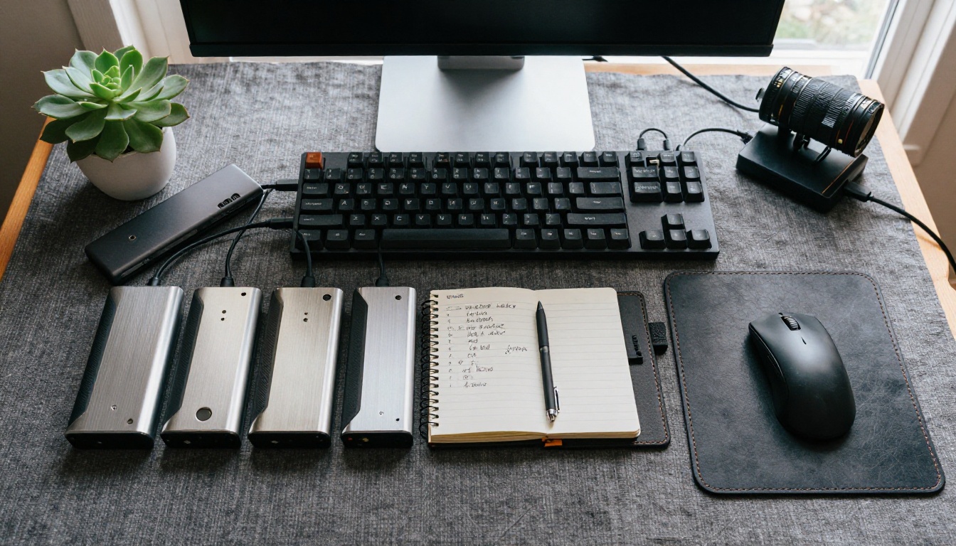Professional video production workspace flat-lay with external drives, mechanical keyboard, and editing notes