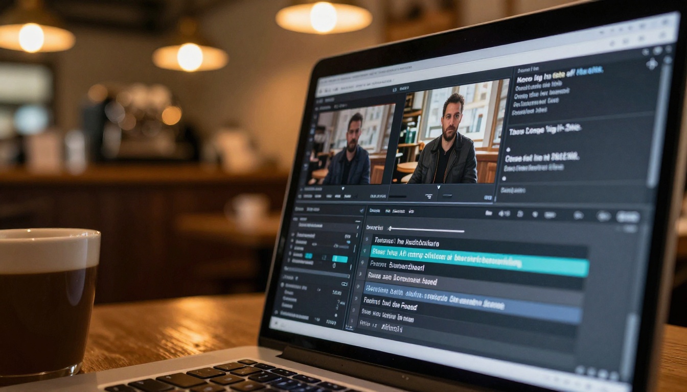 Laptop in a warm cafe showing AI-generated video captions appearing on the screen
