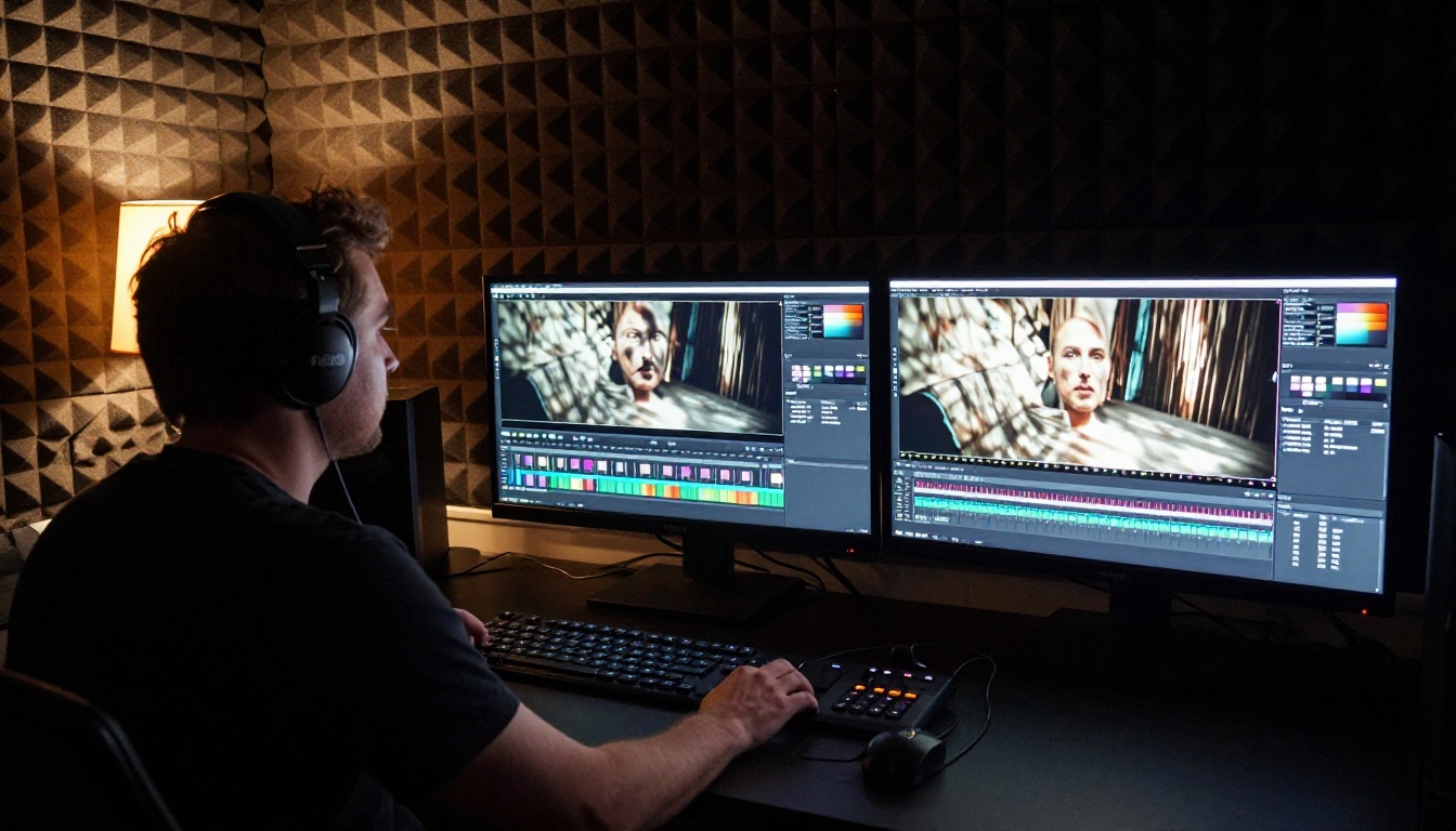 Professional video colorist in a darkened grading suite reviewing two side-by-side clips on large reference monitors