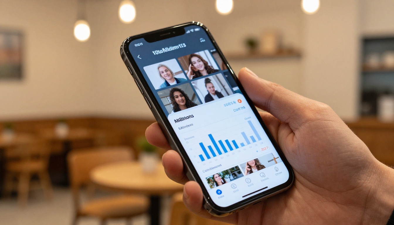 Close-up of a hand holding a smartphone showing social media analytics with high view counts on a video grid