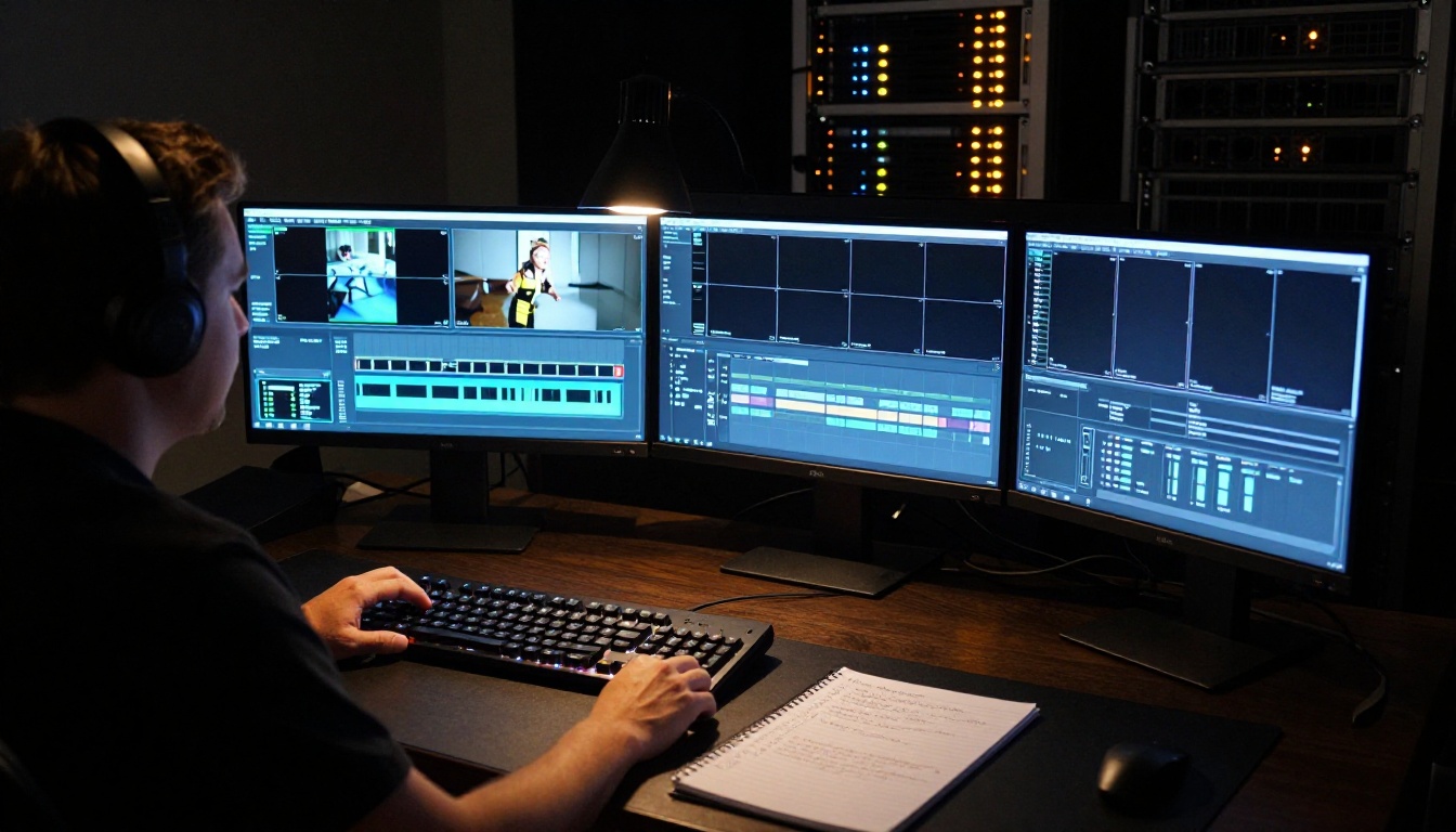 Video editor in a dark broadcast control room monitoring multiple video feeds with progress bars