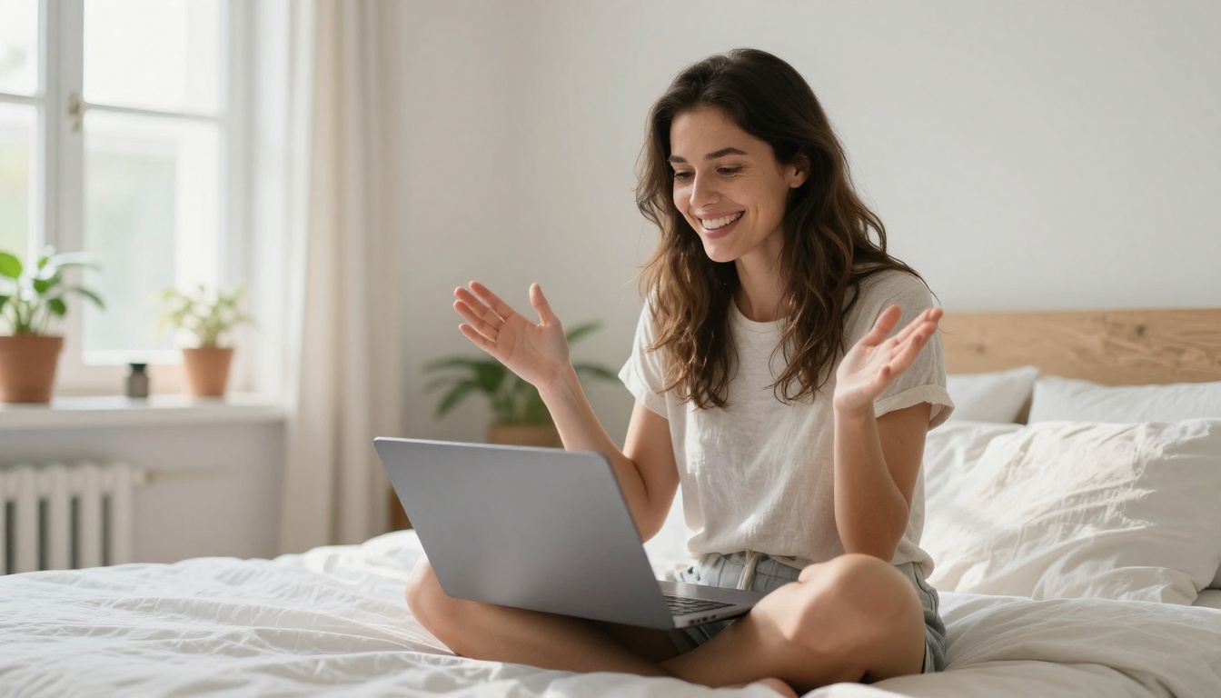Cheerful woman content creator sitting on her bed with a laptop, arms raised in excitement reacting to her screen results