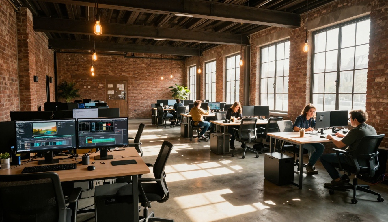 Modern creative agency office with multiple video editors working simultaneously at dual-monitor workstations