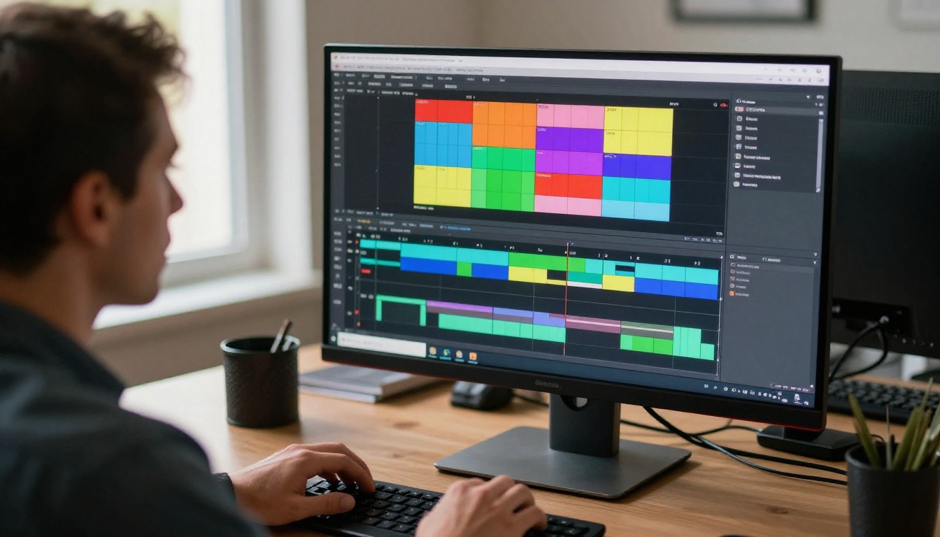 Editor reviewing video timeline with color-coded chapter segments Editor reviewing video timeline with color-coded chapter segments
